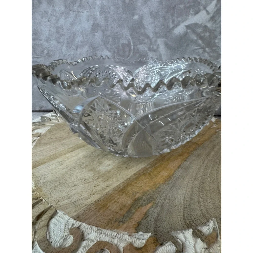 Vintage Cut Glass Hobstar Bowl Sawtooth Rim Crystal Centerpiece 8 Inch Round‎